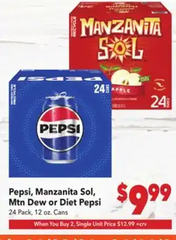 Vallarta Supermarkets Pepsi, Manzanita Sol, Mtn Dew or Diet Pepsi offer
