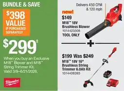 The Home Depot M18 18V Brushless Blower and M18 18V Brushless String Trimmer 6.0Ah Kit offer