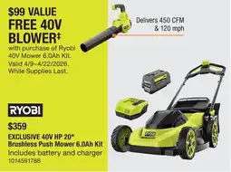 The Home Depot Ryobi 40V HP 20 Brushless Push Mower 6.0Ah Kit offer