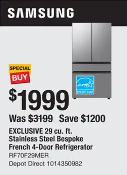 The Home Depot SAMSUNG 29 cu. ft. Stainless Steel Bespoke French 4-Door Refrigerator offer