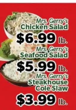 Living Fresh Market Mrs. Gerry's Chicken Salad, Mrs. Gerry's Seafood Salad, Mrs. Gerry's Steakhouse Cole Slaw offer