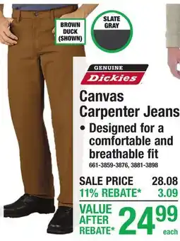 Menards Dickies Canvas Carpenter Jeans offer
