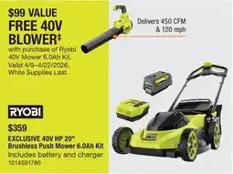 The Home Depot RYOBI-ONE Brushless Push Mover 6.0A Kit offer