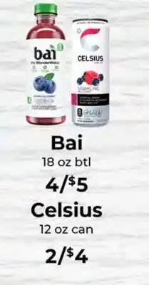 Sunset Foods Bai 18 oz btl, Celsius 12 oz can offer