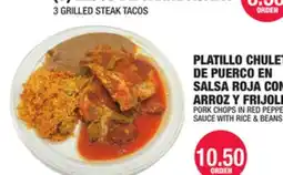 Carnicerias Jimenez PLATILLO CHULETA DE PUERCO EN SALSA ROJA CON ARROZ Y FRIJOLAS offer