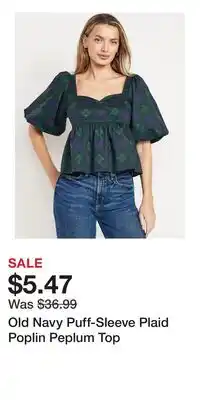 Old Navy Old Navy Puff-Sleeve Plaid Poplin Peplum Top offer