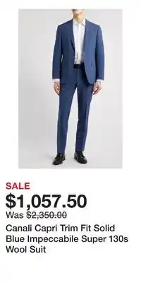 Nordstrom Canali Capri Trim Fit Solid Blue Impeccabile Super 130s Wool Suit offer