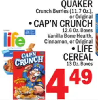 C Town QUAKER, CAP'N CRUNCH, LIFE CEREAL offer