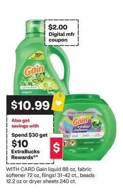 CVS Gain liquid 88 oz, fabric softener 72 oz, flings! 31-42 ct., beads 12.2 oz or dryer sheets 240 ct offer