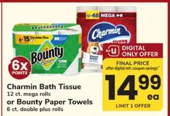 ACME Charmin Bath Tissue 12 ct. mega rolls or Bounty Paper Towels 6 ct. double plus rolls offer