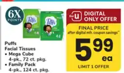 ACME Puffs Facial Tissues Mega Cube 4-pk., 72 ct. pkg. Family Pack 4-pk., 124 ct. pkg offer