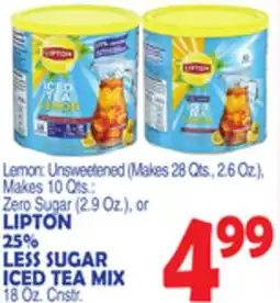 Bravo Supermarkets LIPTON 25% LESS SUGAR ICED TEA MIX 18 Oz. Cnstr offer