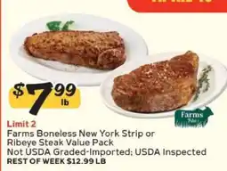 Winn Dixie Farms Boneless New York Strip or Ribeye Steak Value Pack offer