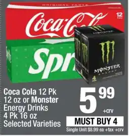 Super King Markets Coca Cola 12 Pk 12 oz or Monster Energy Drinks 4 Pk 16 oz offer