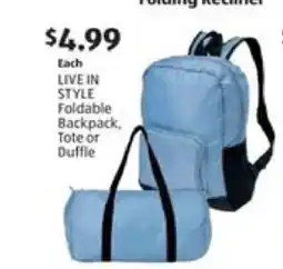 Aldi LIVE IN STYLE Foldable Backpack, Tote or Duffle offer