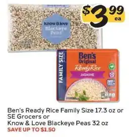 Winn Dixie Ben's Ready Rice Family Size or Know & Love Blackeye Peas offer