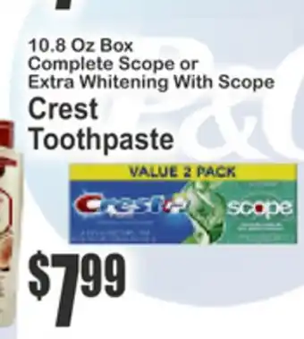 SuperFresh 10.8 Oz Box Complete Scope or Extra Whitening With Scope Crest Toothpaste offer
