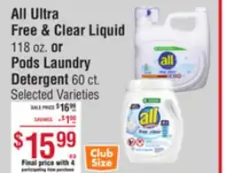 Smart & Final All Ultra Free & Clear Liquid or Pods Laundry Detergent offer