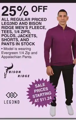 Dunham's Sports LEG3ND AND BISON RIDGE MEN'S FLEECE, TEES, 1/4 ZIPS, POLOS, JACKETS, SHORTS, AND PANTS IN STOCK offer