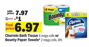 Meijer Charmin Bath Tissue 6 mega rolls or Bounty Paper Towels 2 mega rolls. Mfr offer