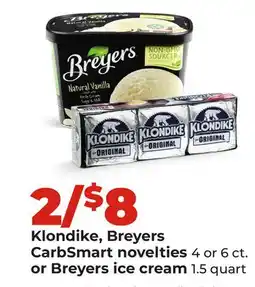 Hy-Vee Klondike, Breyers CarbSmart novelties 4 or 6 ct. or Breyers ice cream 1.5 quart offer