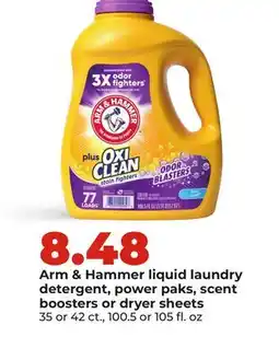 Hy-Vee Arm & Hammer liquid laundry detergent, power paks, scent boosters or dryer sheets offer