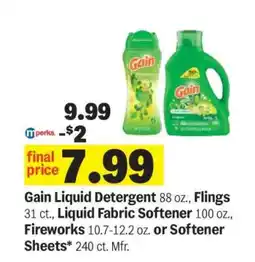 Meijer Gain Liquid Detergent, Flings, Liquid Fabric Softener, Fireworks, or Softener Sheets offer