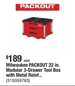 The Home Depot Milwaukee PACKOUT 22 in. Modular 3-Drawer Tool Box with Metal Reinforced Corners offer
