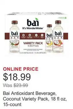 Costco Bai Antioxidant Beverage, Coconut Variety Pack, 18 fl oz, 15-count offer