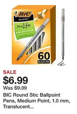 Office Depot BIC Round Stic Ballpoint Pens, Medium Point, 1.0 mm, Translucent Barrel, Black Ink, Pack Of 60 Pens offer