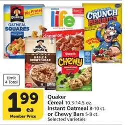 Albertsons Quaker Cereal 10.3-14.5 oz. Instant Oatmeal 8-10 ct. or Chewy Bars 5-8 ct offer