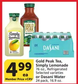 Vons Gold Peak Tea, Simply Lemonade 76 oz., Refrigerated or Dasani Water 24 pack, 16.9 oz offer