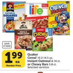 Vons Quaker Cereal 10.3-14.5 oz. Instant Oatmeal 8-10 ct. or Chewy Bars 5-8 ct offer