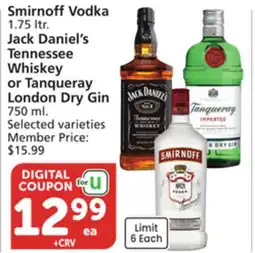 Vons Smirnoff Vodka 1.75 ltr. Jack Daniel's Tennessee Whiskey or Tanqueray London Dry Gin 750 ml offer