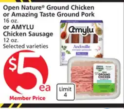 Vons Open Nature Ground Chicken or Amazing Taste Ground Pork 16 oz. or AMYLU Chicken Sausage 12 oz offer