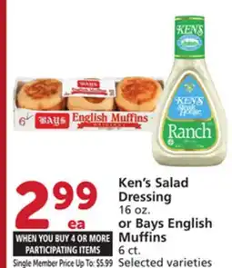 Vons Ken's Salad Dressing 16 oz. or Bays English Muffins 6 ct offer