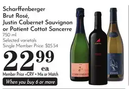 Pavilions Scharffenberger Brut Rosé, Justin Cabernet Sauvignon or Patient Cottat Sancerre offer