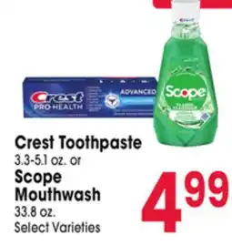 Jewel-Osco Crest Toothpaste 3.3-5.1 oz. or Scope Mouthwash 33.8 oz offer