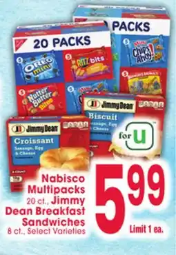 Jewel-Osco Nabisco Multipacks 20 ct., Jimmy Dean Breakfast Sandwiches 8 ct offer
