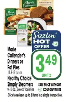 Jewel-Osco Marie Callender's Dinners or Pot Pies 11.8-15 oz. or Healthy Choice Simply Steamers 9-10 oz offer
