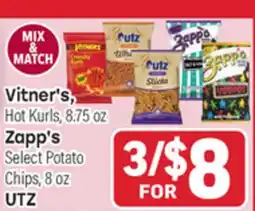 Tony’s Fresh Market Vitner's Hot Kurls, 8.75 oz Zapp's Select Potato Chips, 8 oz UTZ Select Pretzels, 10-16oz offer