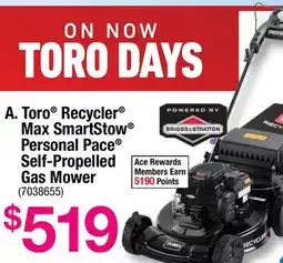Ace Hardware Toro Recycler Max SmartStow Personal Pace Self-Propelled Gas Mower offer
