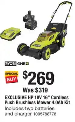 The Home Depot RYOBI HP 18V 16 Cordless Push Brushless Mower offer