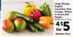 Safeway Large Mango, English Cucumber, Red, Orange, Yellow, or Green Bell Pepper offer