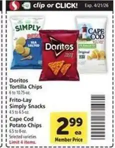 Safeway Doritos Tortilla Chips, Frito-Lay Simply Snacks, Cape Cod Potato Chips offer