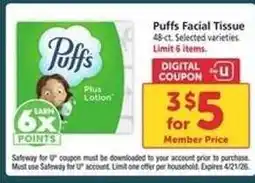 Safeway Puffs Facial Tissue offer
