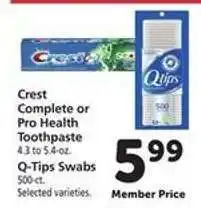 Safeway Crest Complete or Pro Health Toothpaste / Q-Tips Swabs offer