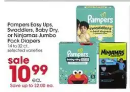Giant Eagle Pampers Easy Ups, Swaddlers, Baby Dry, or Ninjamas Jumbo Pack Diapers offer