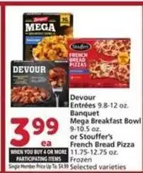 Albertsons Devour Entrées, Banquet Mega Breakfast Bowl, Stouffer's French Bread Pizza offer