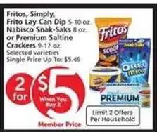 Albertsons Fritos, Simply, Frito Lay Can Dip, Nabisco Snak-Saks, Premium Saltine Crackers offer